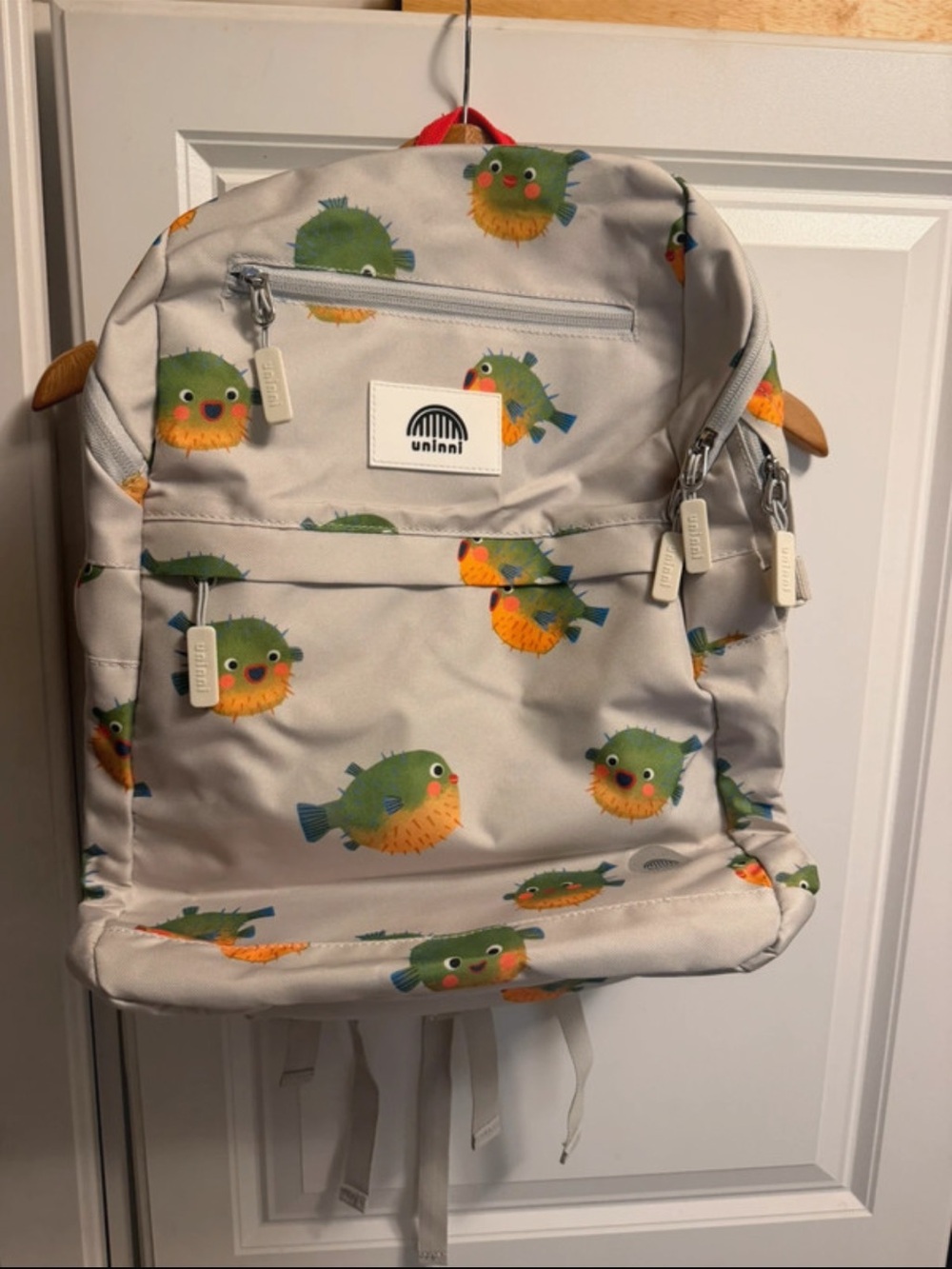 Kids Cream Backpack with Green & Orange Puffer Fish